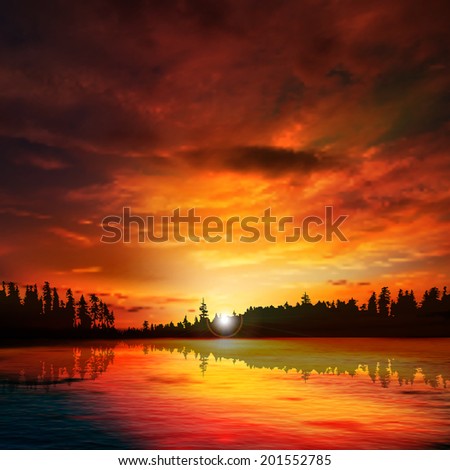 abstract nature dark background with forest lake red sunset and clouds