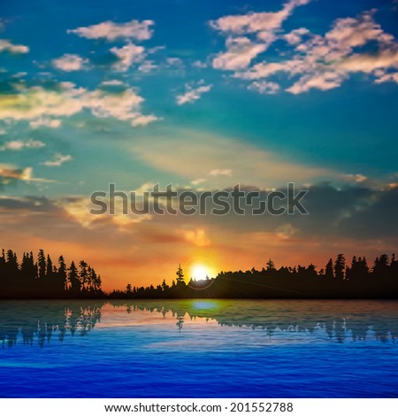 abstract nature background with forest lake clouds and sunrise