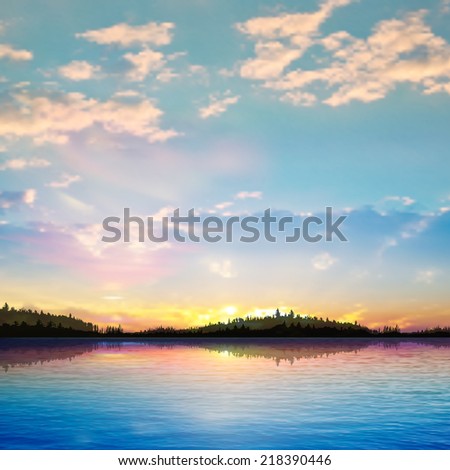 abstract sunrise background with forest lake and clouds