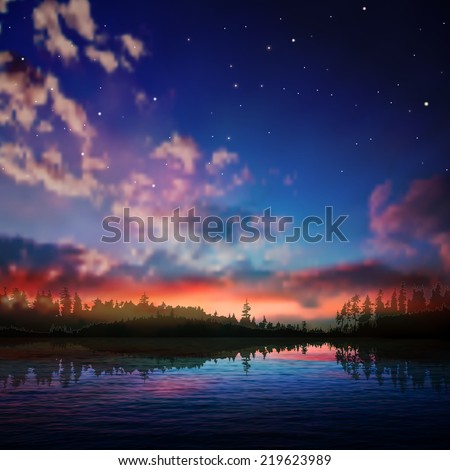 abstract night nature background with pink sunset and clouds