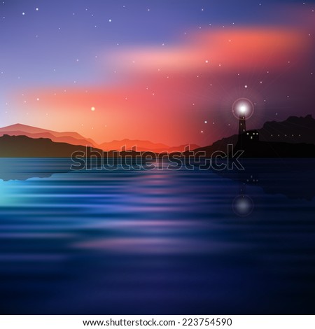 abstract mountains background with lighthouse and stars