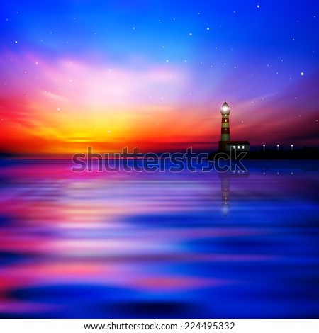 abstract nature background with red sunrise and lighthouse
