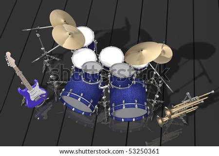 Jazz background drum kit guitar and trumpet - stock photo