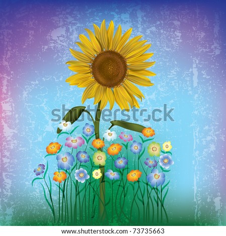 abstract grunge illustration with color flowers and sunflower