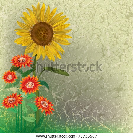 grunge floral illustration with sunflower and red flowers