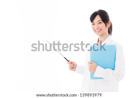 young asian woman wearing white coat teaching on white background