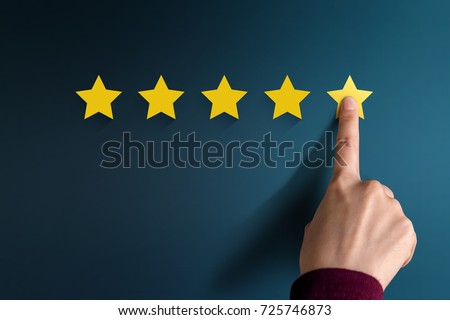 Customer Experience Concept, Best Excellent Services Rating for Satisfaction present by Hand of Client pressing Five Star