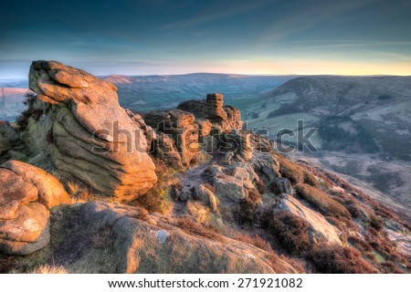 \'Ringing Roger\' in the Peak District, taken at sunset over looking Hope Valley. This is a blend of 5 exposures merged together in HDR to give a more detailed, sharpened and enhanced image.