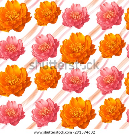 Flowers seamless pattern. Floral tileable seamless texture. Pink and orange flowers on white background. Globe-flower. Peony.Briar. Brier. Dog-rose. Sakura flower.