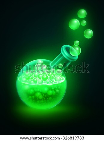 A Laboratory flask glowing in the dark. Alchemy Magic Potion with flying bubbles. Green toxic poison. Halloween party boiling tube chemical reaction isolated black background. Glass beaker with a drug