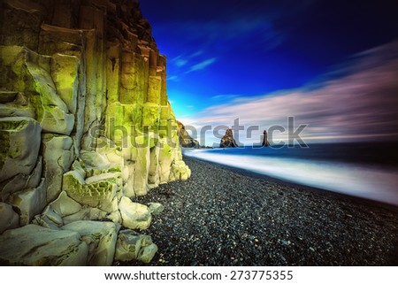 South Coast of Iceland, Black sand beach and basalt columns .