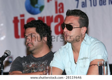 MEXICO CITY - APRIL 6: (L-R) Elephant Mexican pop rock band members Iguana and Javier attend Festival Music for the Earth Music Fest press conference at El Lunario April 6, 2009 in Mexico City.