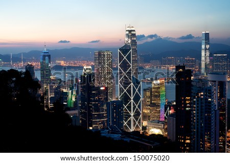 Central district skyscrapers at sunset, Hong Kong Island