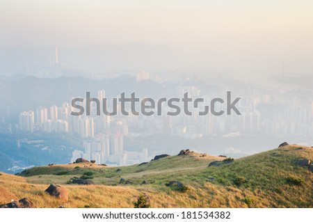 Hong Kong obscured by air pollution, as seen from the Kowloon hills