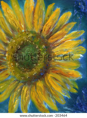 Bright yellow sunflower on blue background; originally an oil painting