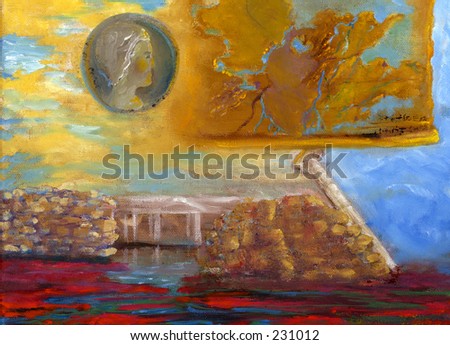 Surrealistic elements of ancient civilization, from an oil painting on stretched canvas.