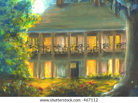 Louisiana Plantation home at night with fireflies, flowers, moonlight, and glowing windows.