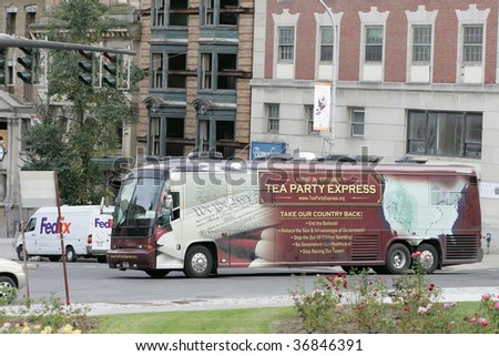 ALBANY, NY- SEPT 10: The Tour bus for the Tea Party Express tour makes its way through Albany city streets on September 10, 2009 in Albany NY