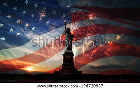 Statue of Liberty on the background of flag usa sunrise and fireworks Statue of Liberty on the background of flag usa sunrise and fireworks