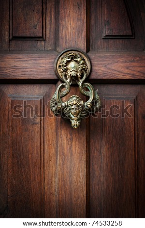 Front door with a handle in the form of the head of Castle Dracula in Transylvania