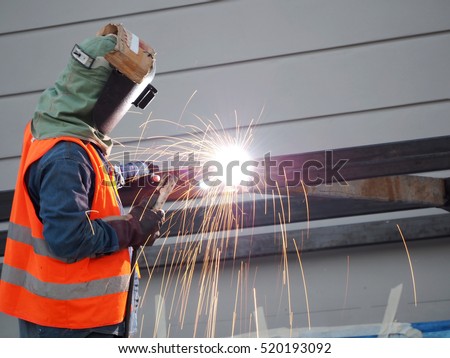 Welding work,worker with protective welding metal on construction