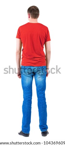 Back view of young men in  red t-shirt.  Guy  looks away. Rear view. Isolated over white background.