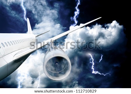 airplane crash in a storm with lightning concept. accident airplane in the sky. emergency landing. flights in bad weather