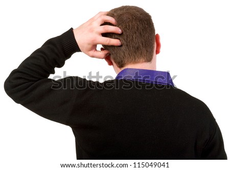Back view of thinking business man. Close up. gesticulating adult businessman in black suit . Rear view people collection.  backside view of person.  Isolated over white background.