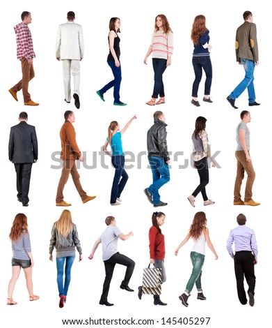 Collection &Quot; Back View Of Walking People &Quot;. Going People In Motion Set. Backside View Of Person. Rear View People Collection. Isolated Over White Background.