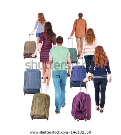 back view of walking  group with suitcase. people in motion.  backside view of person.  Rear view people collection. Isolated over white background.