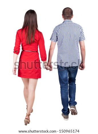 Back view going couple. walking friendly girl and guy holding hands. Rear view people collection. backside view of person. Isolated over white background.