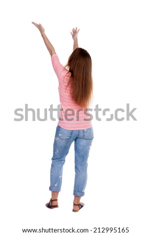 Back view of  pointing woman. beautiful redhaired  girl . girl shows something to someone. Rear view people collection.  backside view of person.  Isolated over white background.