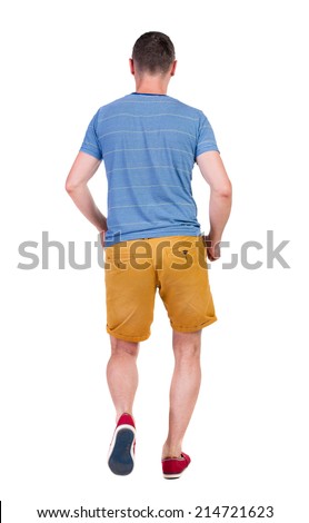 Back view of running man in t-shirt and shorts. Walking guy in motion. Rear view people collection. Backside view of person. Isolated over white background.