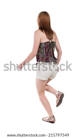 back view of running  woman white shorts. beautiful blonde girl in motion. backside view of person.  Rear view people collection. Isolated over white background.