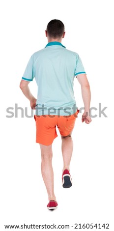 Back view of running sportsman. Man in blue t-shirt and orange shorts.  Walking guy in motion. Rear view people collection. Backside view of person. Isolated over white background.
