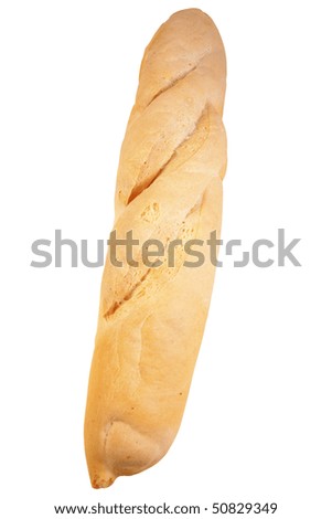 Homemade long loaf isolated on white .