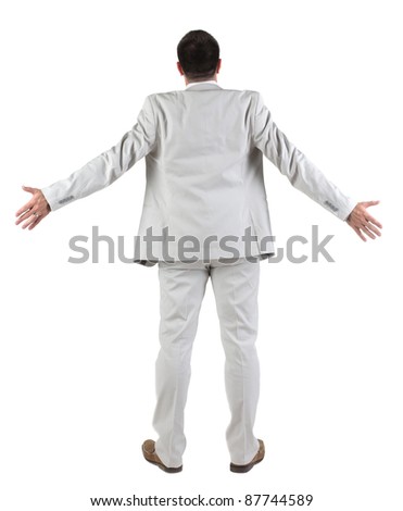 Back view of  thinking young business man in  white suit. Rear view. isolated over white background. Concept of idea, ask question, think up, choose, decide.