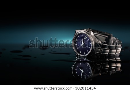 Wrist watch with water drops and a reflection on the ground, table top photography studio.