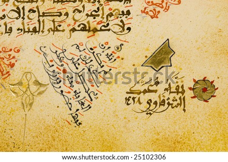 Arabic text and calligraphy characters on antique paper