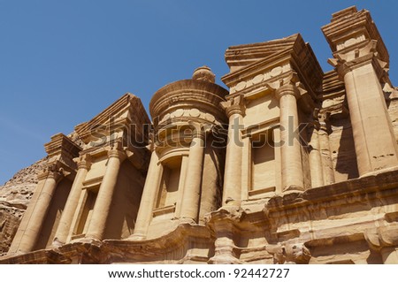 Detail of the top portion of the Monastery in Petra, Jordan