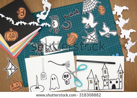 a overhead view of a scene of drawing halloween decorations
