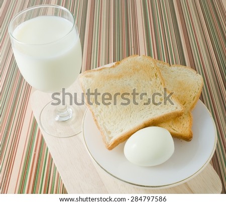Cuisine and Food, Breakfast with Brown Toast, Boiled Eggs and Milk.