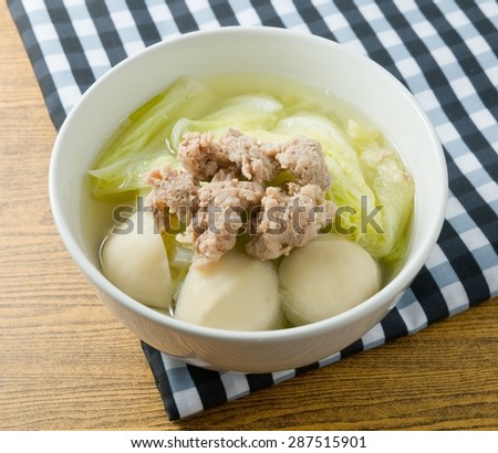 Thai Cuisine and Food, A Bowl of Delicious Chinese Cabbage Soup with Minced Pork and Meat Ball.