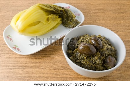 Chinese Traditional Food, Pickled Green Cabbage and Chopped Pickled Chinese Cabbage with Chinese Olives.