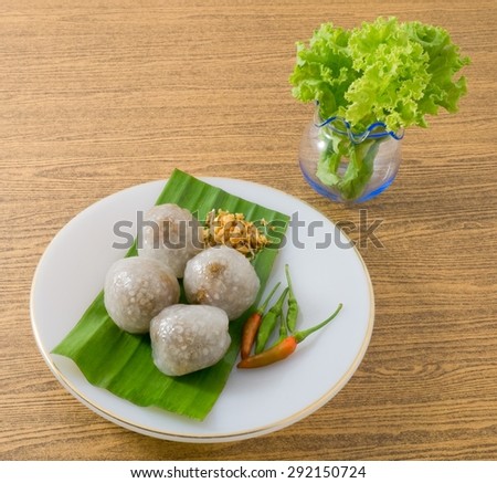 Thai Traditional Dessert, Steamed Tapioca Balls Made From Glutinous Rice Filled with Minced Pork and Sweet Pickled Daikon Radish.