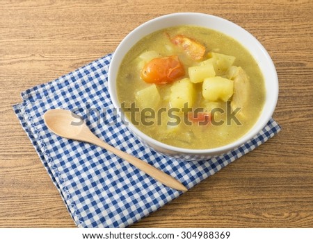 Cuisine and Food, Bowl of Vegetable Stew Made of Chopped Potatoes, Tomatoes and Chicken.