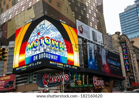 NYC, NEW YORK Ã¢Â?Â? CIRCA FEBRUARY 2014: Digital billboards showing advertisements for various products and television programs in Times Square.