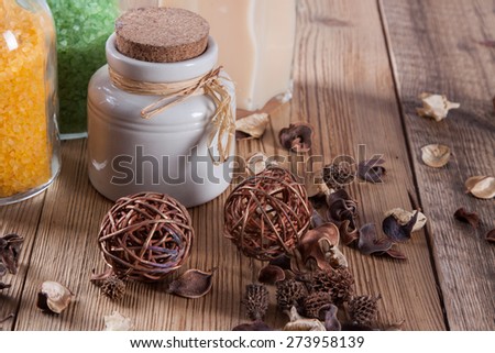 Spa and beauty. Soap and other spa items on wooden table