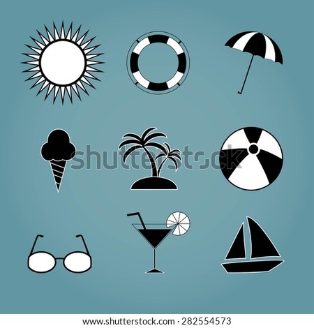 Summer set of black flat design icons for mobile and web on blue background about travel and relax. collection, vector Eps 10