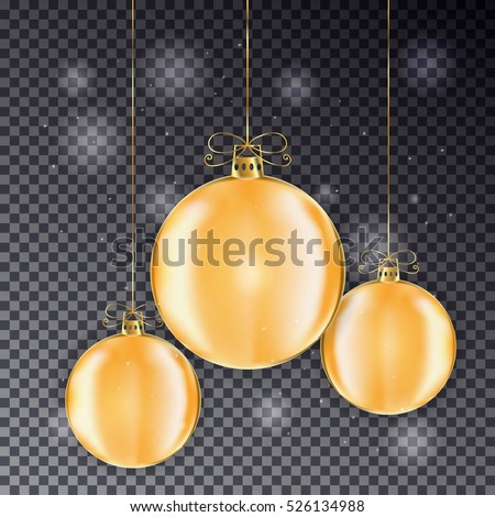 Set of Gold Christmas balls with line bow. Holiday christmas toy for fir tree. Ball with light effect isolated on transparent background. Vector illustration.